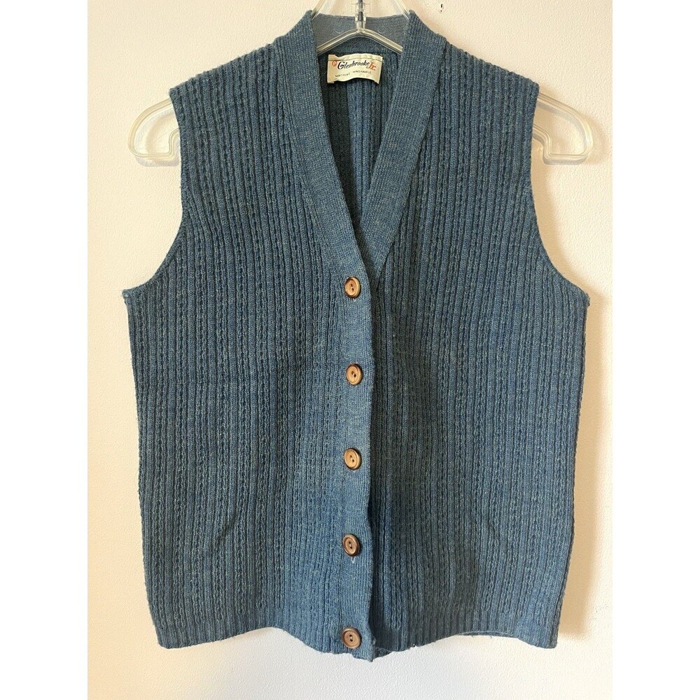 Vintage Glenbrooke Jr Ribbed Knit Sweater Vest Grandpa Core Blue Button Up S/M